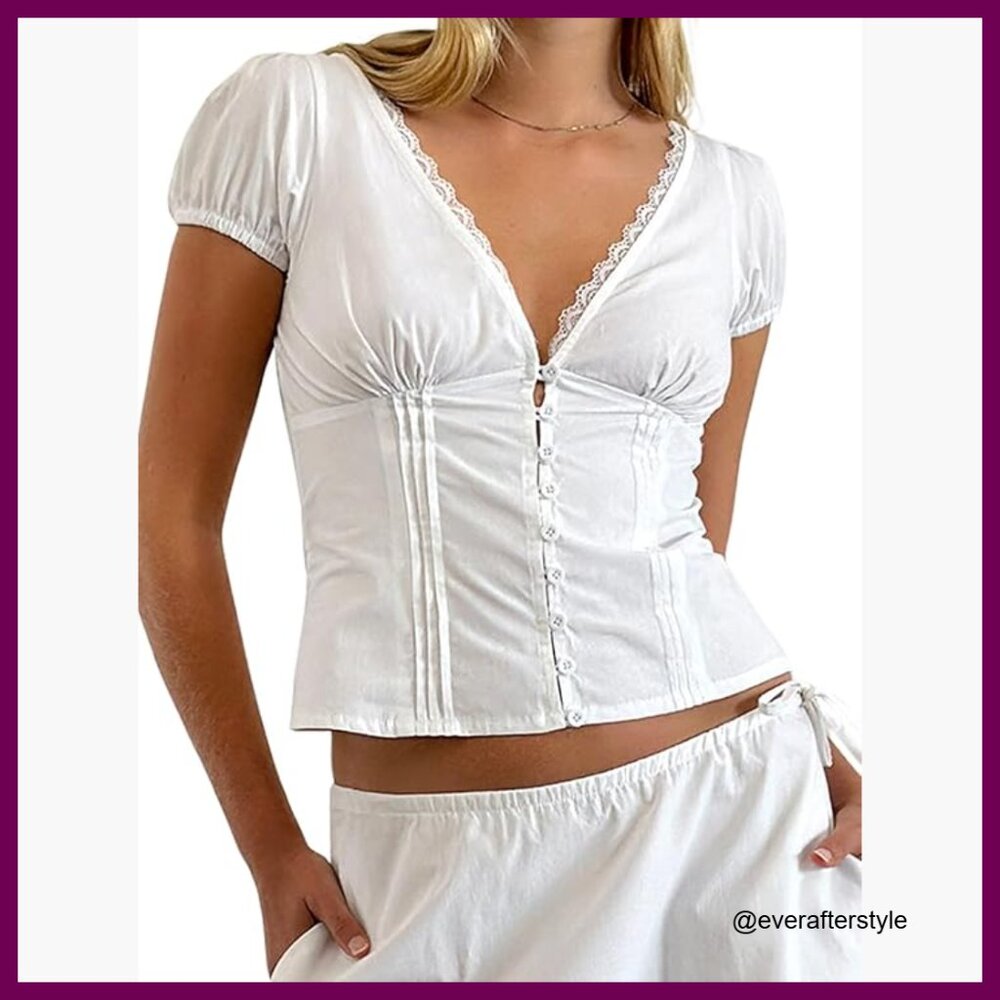 Polyester Elastane Button Down Shirt V-Neck Short… - image 1